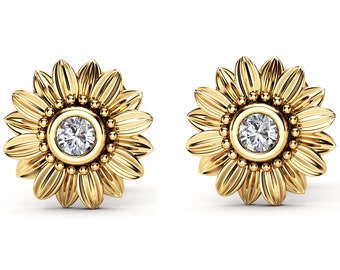Sunflower Diamond Earrings 14K Yelow Gold Bridal Jewelry Nature Inspired Stud Earrings Anniversary Gift
