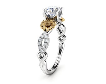 Double Golden Sunflower Engagement Ring 14K Two Tone Gold Moissanite Ring