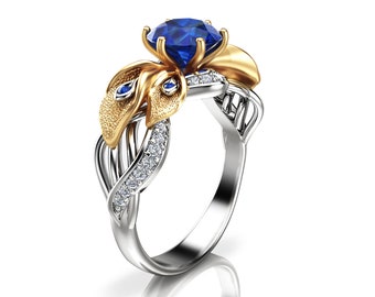 Calla Lily Sapphire Engagement Ring Two Tone Gold Sapphire Ring  Unique Engagement Ring