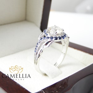 14K White Gold Diamond Engagement Ring: Blue Sapphire Accents