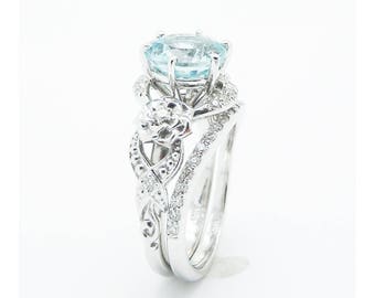 Unique Aquamarine Engagement Ring Set 14K White Gold 2 Carat Aquamarine Rings Art Deco Engagement Ring Floral Ring Set March Birthstone