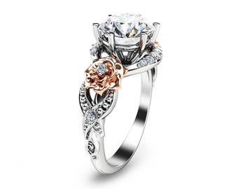 Vintage-Floral Diamond Engagement Ring Unqiue Design 2 Ct Lab Diamond Ring Flowers Accent Vintage Setting