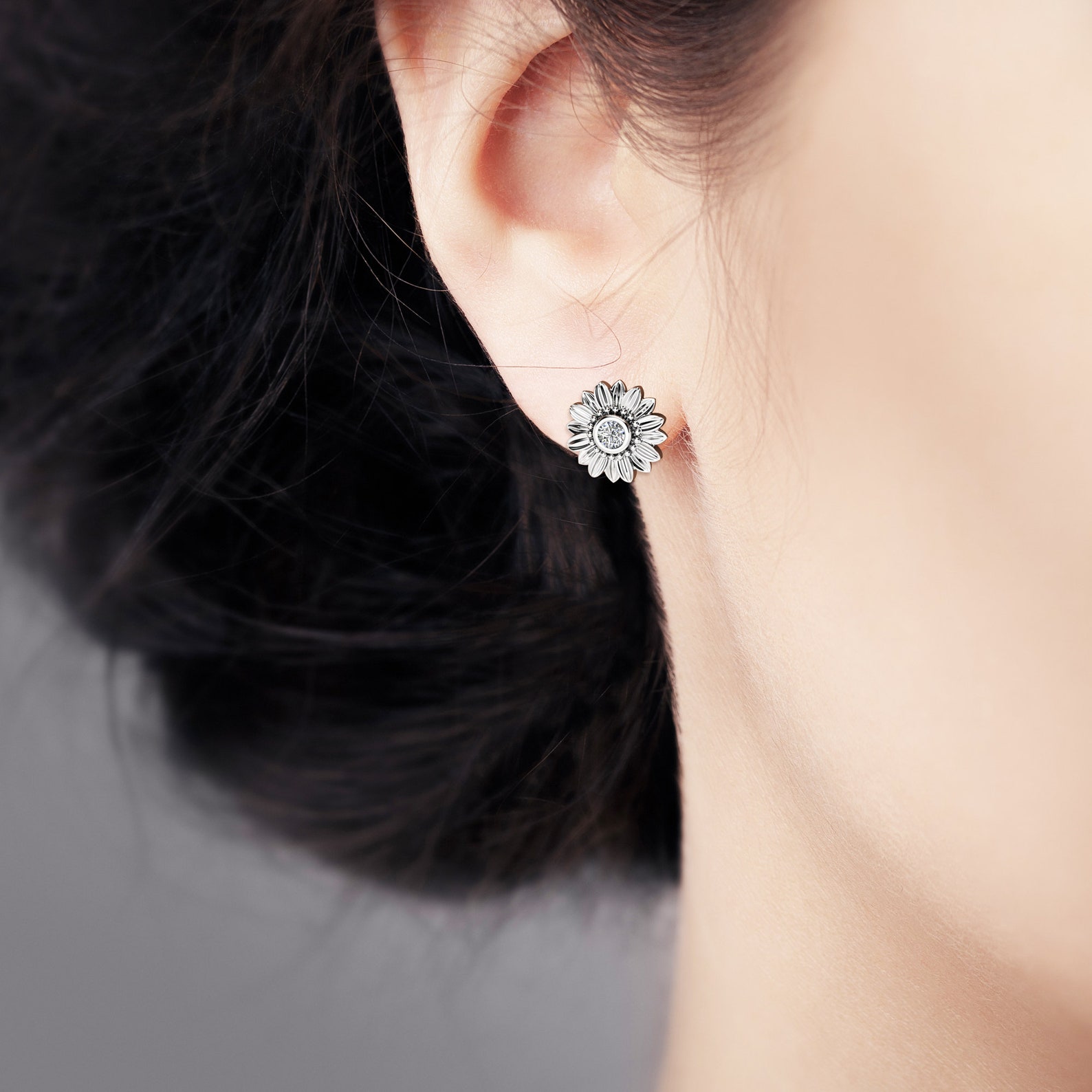 Sunflower Diamond Earrings 14K White Gold Bridal Jewelry Etsy