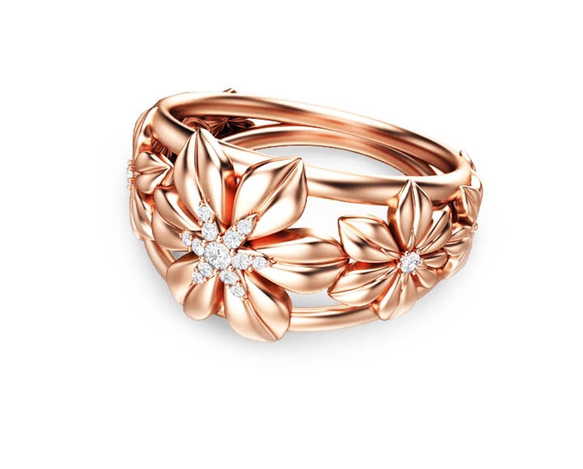 14K Rose Gold Diamond Anniversary Ring Flower Anniversary Ring Etsy