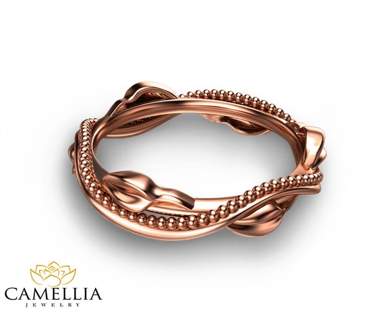 Eternity 14K Rose Gold Wedding Ring Leaf Wedding Band Rose