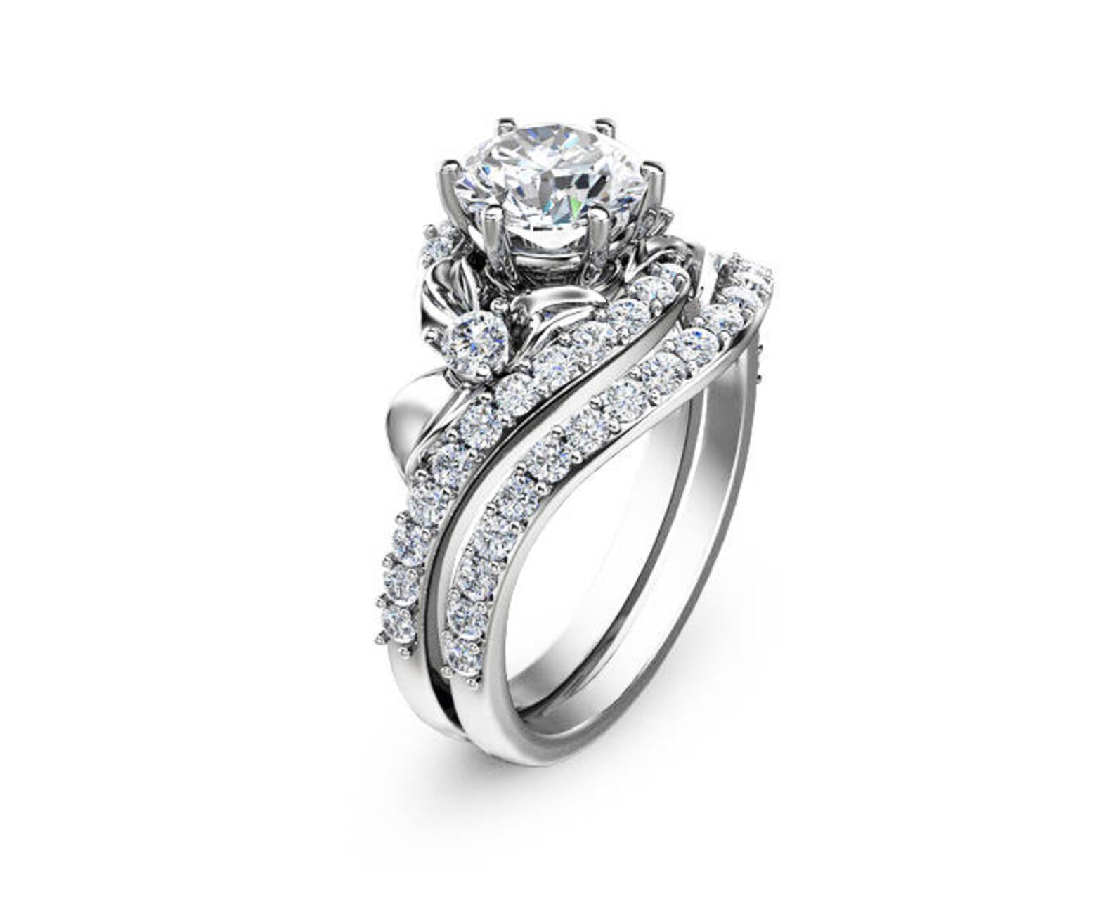 Flower Engagement Ring Set 14K White Gold Engagement Rings Etsy