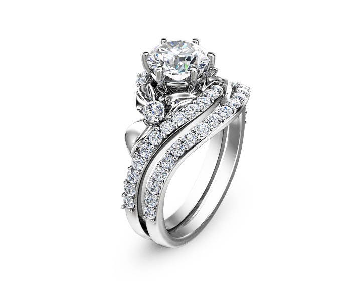 Flower Engagement Ring Set 14K White Gold Engagement Rings Etsy Canada