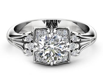 Unique Modern Lab Made Diamond Engagement Ring White Gold Floral Lab Grown Diamond Nature Inspired