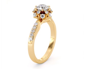 Blossom Moissanite & Side Natural Diamonds Classic Engagement Ring 14K Yellow Gold Classic Ring