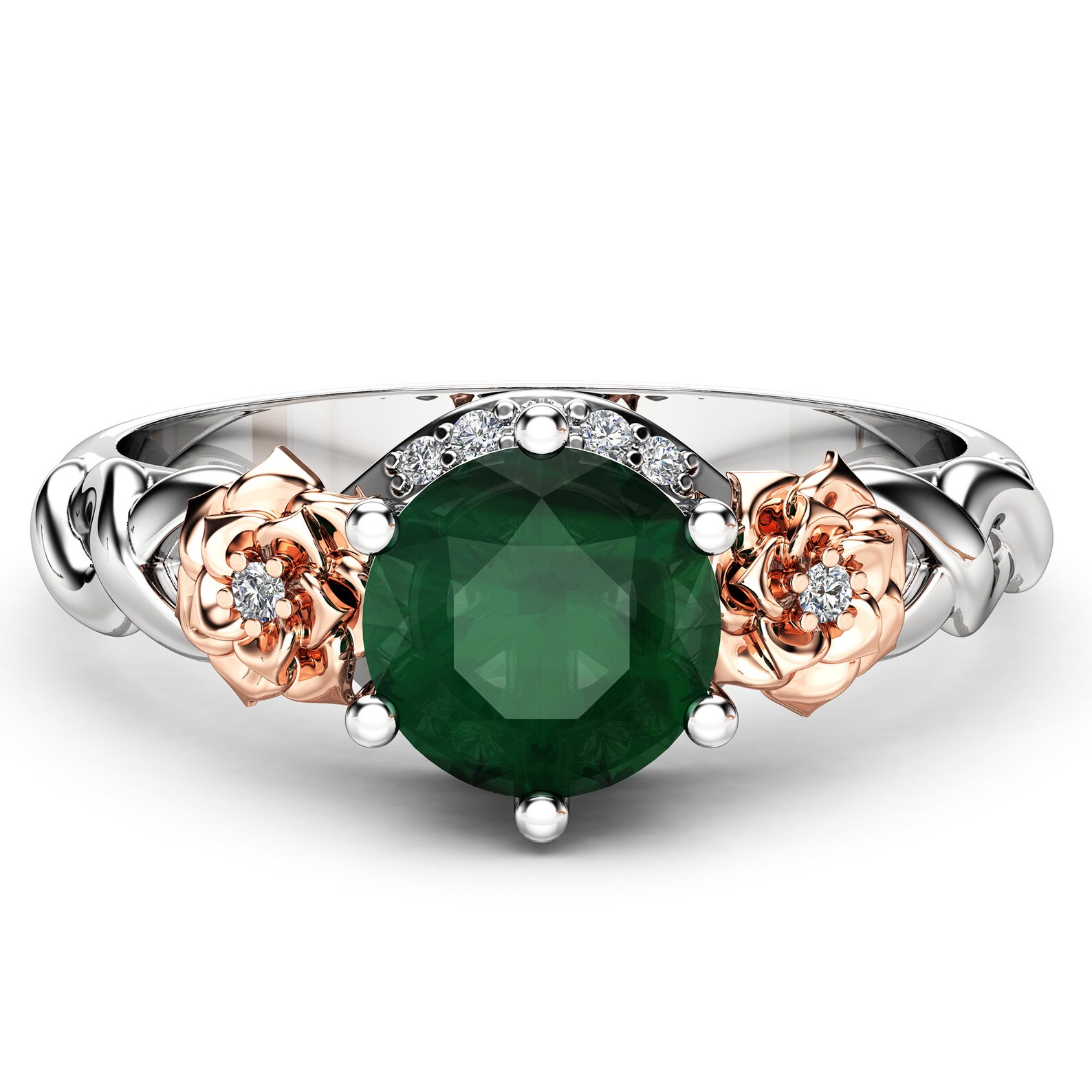 Emerald Floral Engagement Ring 14K Two Tone Gold Floral Ring Etsy