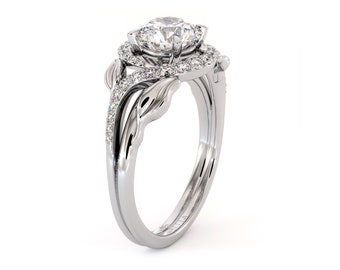 1.50 Ct Leaf Nature Design Diamond Engagement Ring 14K White Gold Lab Created Diamond Unqiue Ring