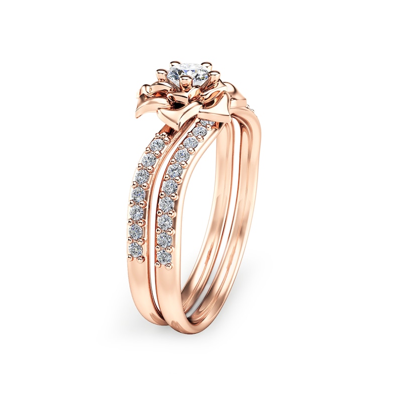 14K Rose Gold Diamond Engagement Ring Set Rose Gold Flower Etsy