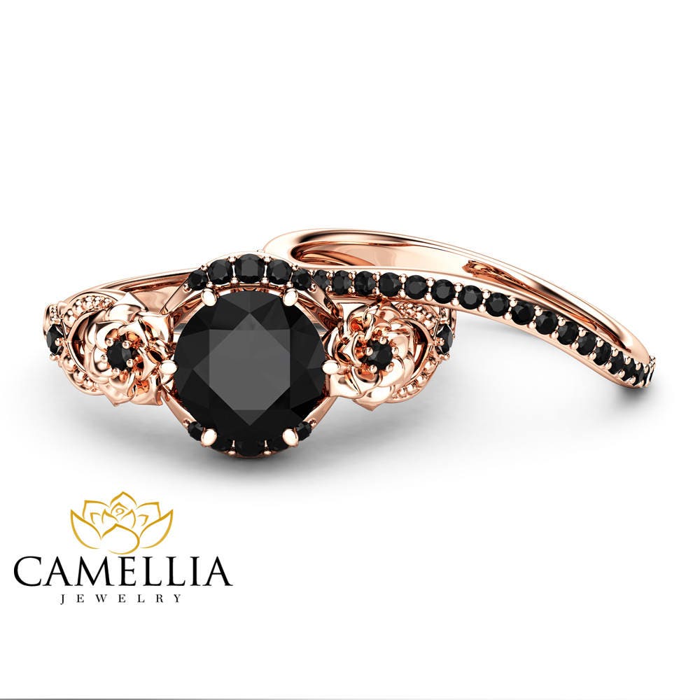 Flower Black Diamonds Engagement Rings 14K Rose Gold Floral Etsy