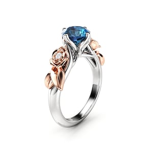 Blue Diamond Engagement Ring 14K Gold Ring Rose Topaz Engagement Ring