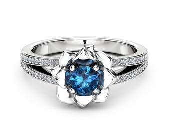 Blue Diamond Ring 14K White Gold Diamond Ring Flower Engagement Ring Choose Your 0.5CT Diamond