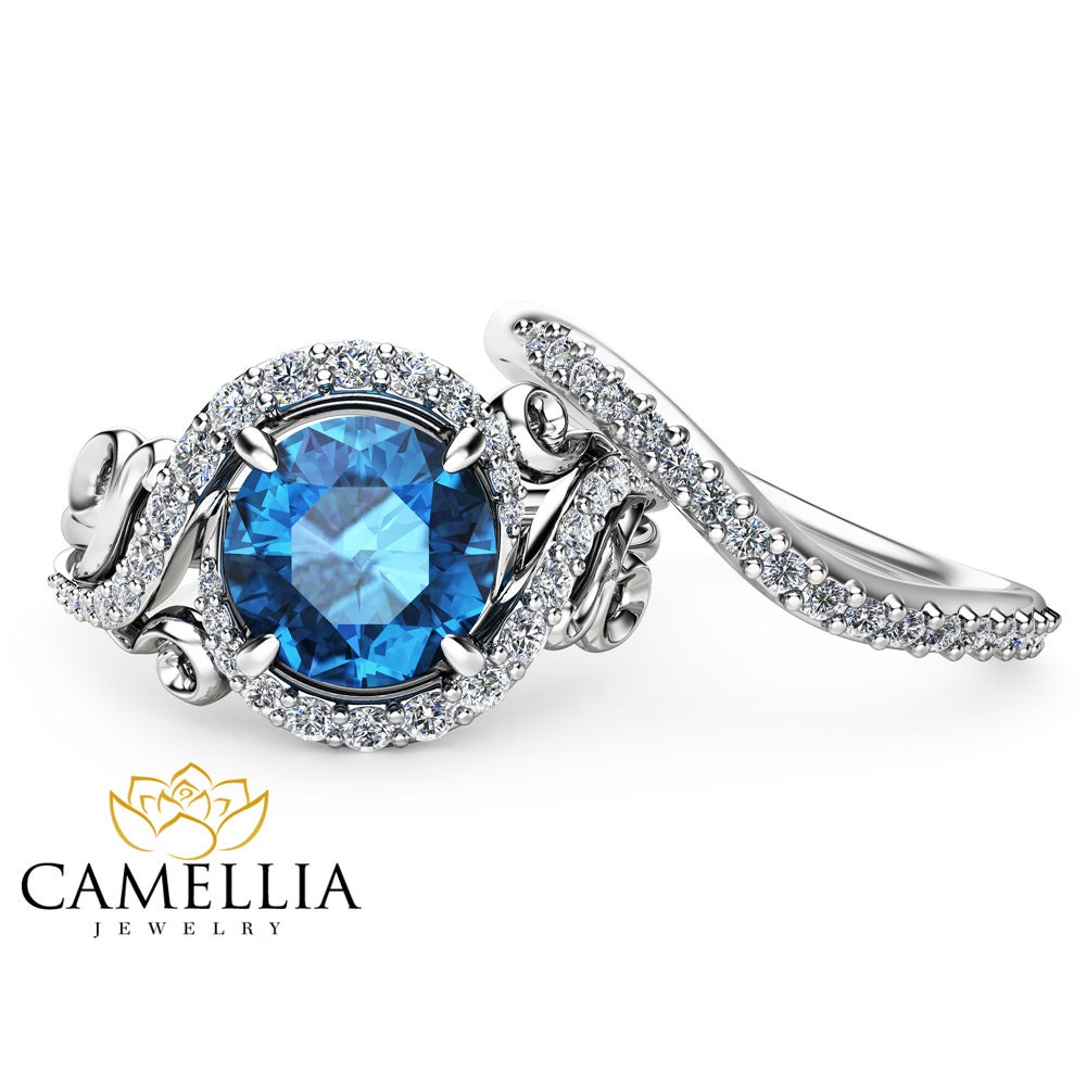 Blue Diamond Engagement Ring Set Unique 14K White Gold Ring | Etsy