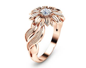 Natural Diamond Sunflower Engagement Ring 14K Rose Gold Sunflower Ring Unique Solitaire Ring Rose Gold Engagement Ring