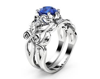 Sapphire Leaf Engagement Ring Set 14K White Gold Sapphire Ring Leaf Design Engagement Ring with Matching Band