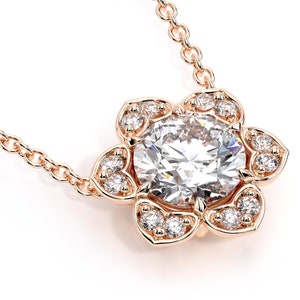 Shimmering Petal Halo Moissanite Pendant 14K Gold Anniversary Gift