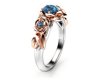 Blue Diamond Rose Engagement Ring: 14K White Rose Gold