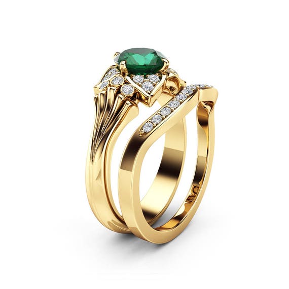 Modern Emerald Engagement Ring Set 14K Yellow Gold Engagement | Etsy