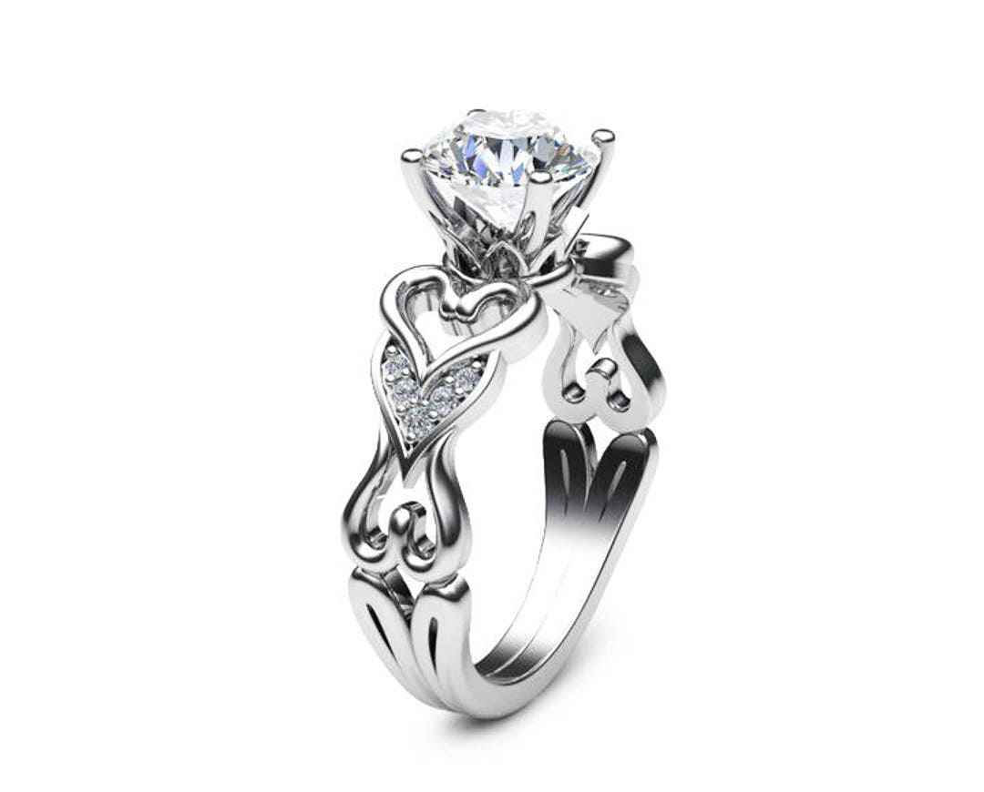 Moissanite Heart Engagement Ring 14K White Gold Moissanite Ring Unique