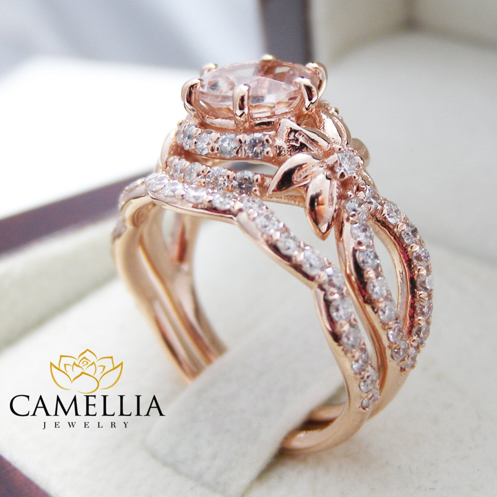 Rose Gold Diamond Bridal Ring Set Unique Bridal Ring Etsy