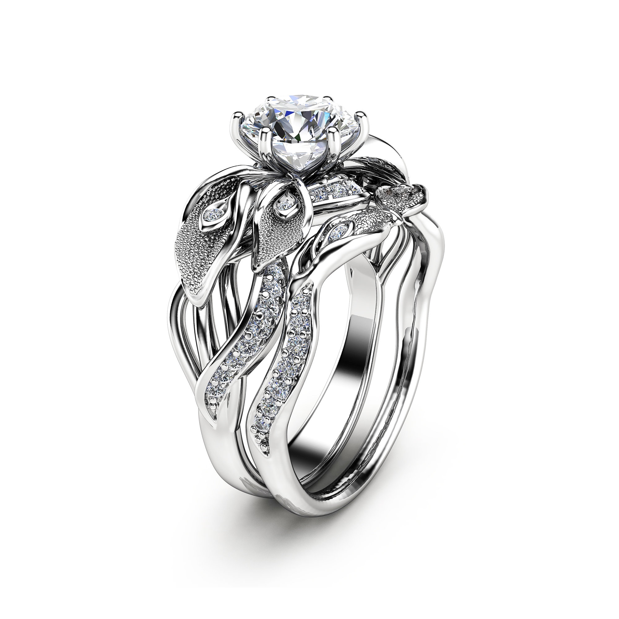 Calla Lily Lab Diamond Engagement Ring Set Grown Diamond Ring Set