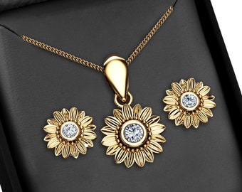 Sunflower Diamond Pendant and Earrings 14K Yellow Gold Jewelry Set Anniversary Floral Pendant and Earrings