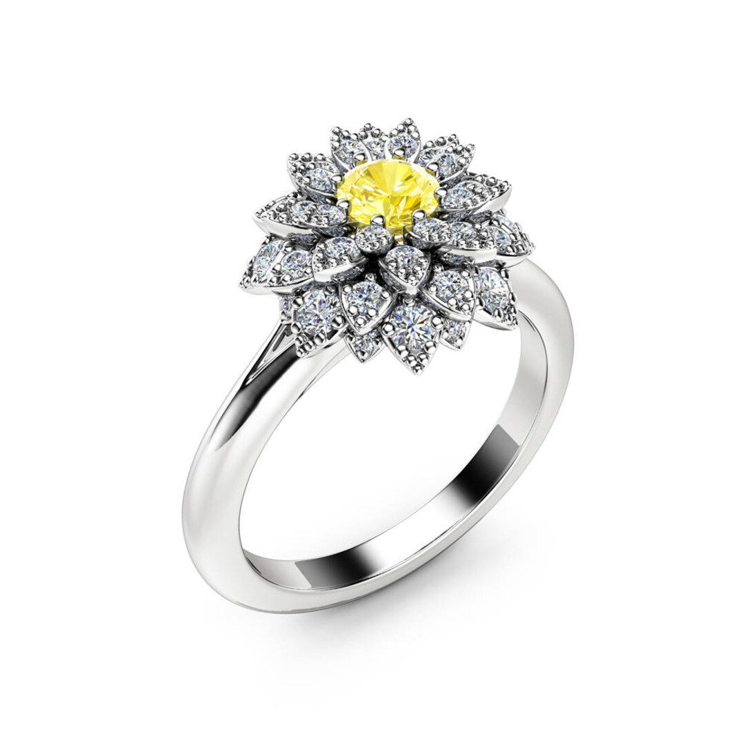 Yellow Diamond Flower Engagement Ring 14K White Gold Fancy Etsy