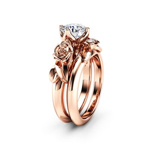 Luxurious Floral Design Moissanite Engagement Ring Set 14K Rose Gold Matching Rings 14K Rose Gold