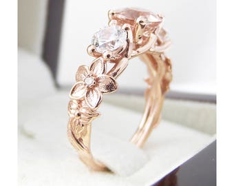 Three Stone Morganite & Moissanite Engagement Ring 14K Rose Gold Flower Design Ring
