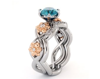 Blue Diamond Engagement Ring Set 14K White & Rose Gold Ring Flower Engagement Ring
