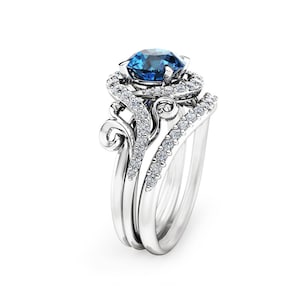 Blue Diamond 14K White Gold Engagement Ring Set with Diamond Band