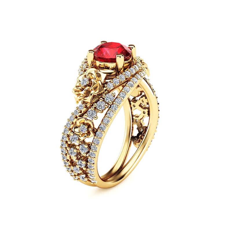 Natural Ruby 18K Yellow Gold Ring Floral Design Engagement | Etsy