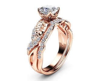 Moissanite Wedding Engagement Ring Set 14K Rose Gold Wedding Rings Princess Moissanite Engagement Ring