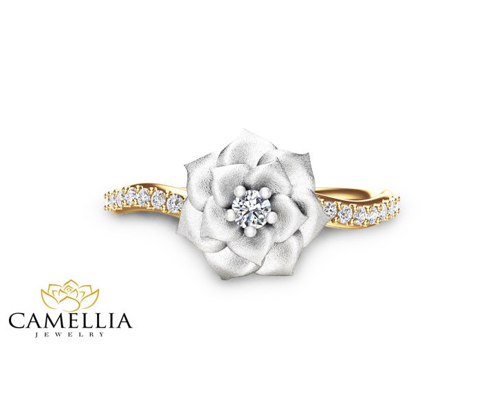 Flower Design Diamond Engagement Ring Unique 14K Two Tone Gold Etsy