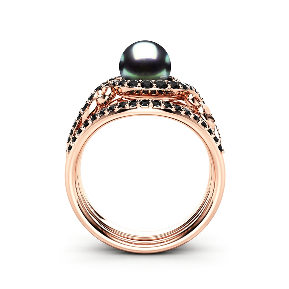 Black Pearl Engagement Ring Set Rose Gold Ring Leaf Engagement | Etsy