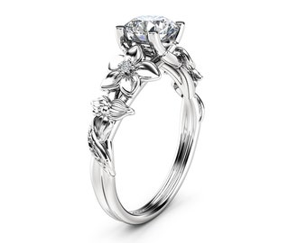 Unique Flower Lab Made Diamond Engagement Ring 14K White Gold Floral Ring Unique Fine Jewelry