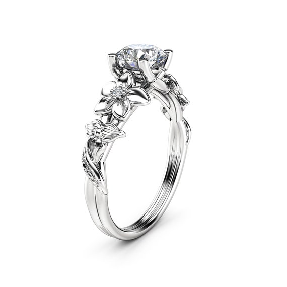 Unique Flower Lab Made Diamond Engagement Ring 14K White Gold