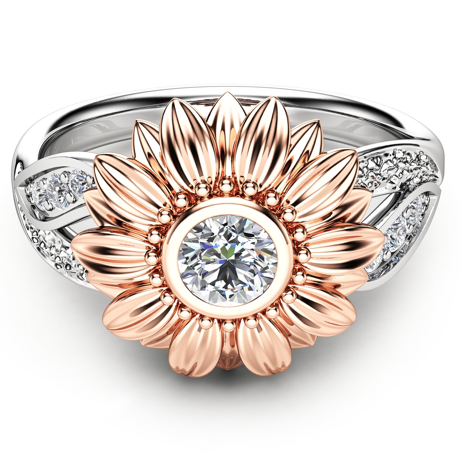 Two Tone Gold Sunflower Engagement Ring Sunflower Diamond Ring Etsy