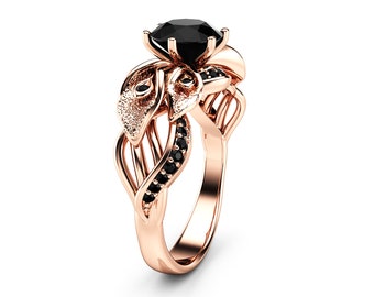 Calla Lily Black Diamond Engagement Ring 14K Rose Gold Diamond Ring Floral Engagement Ring