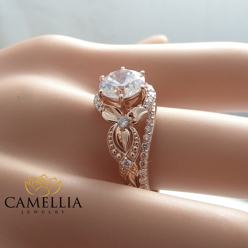 Unique Moissanite Engagement Ring Set 14K Rose Gold Engagement Etsy