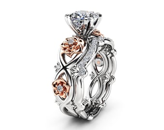 Wedding Set Rings in Two Tone Gold Lab Diamond Princess Cut Engagement Rings Floral Elegant Ring