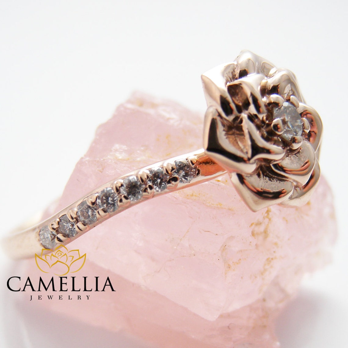 Camellia Flower Ring 14K Rose Gold Diamond Ring Rose Gold Etsy