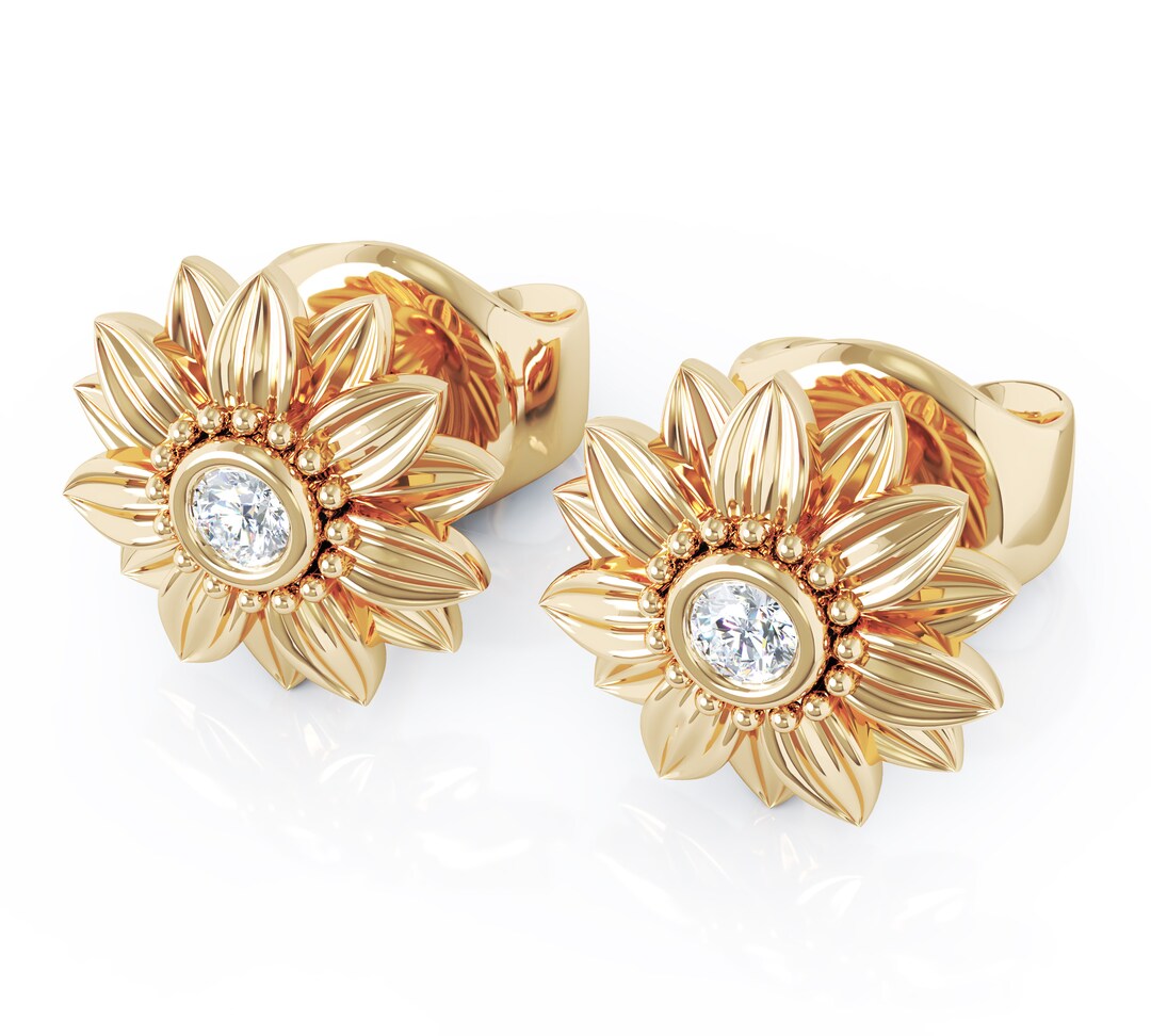 Sunflower Diamond Earrings 14K Yellow Gold Bridal Jewelry Nature