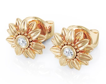 Sunflower Diamond Earrings 14K Yellow Gold Bridal Jewelry Nature Inspired Stud Earrings Anniversary Gift