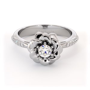 14K Gold Flower Engagement Ring with Lab Diamond and Diamond-Accented Band