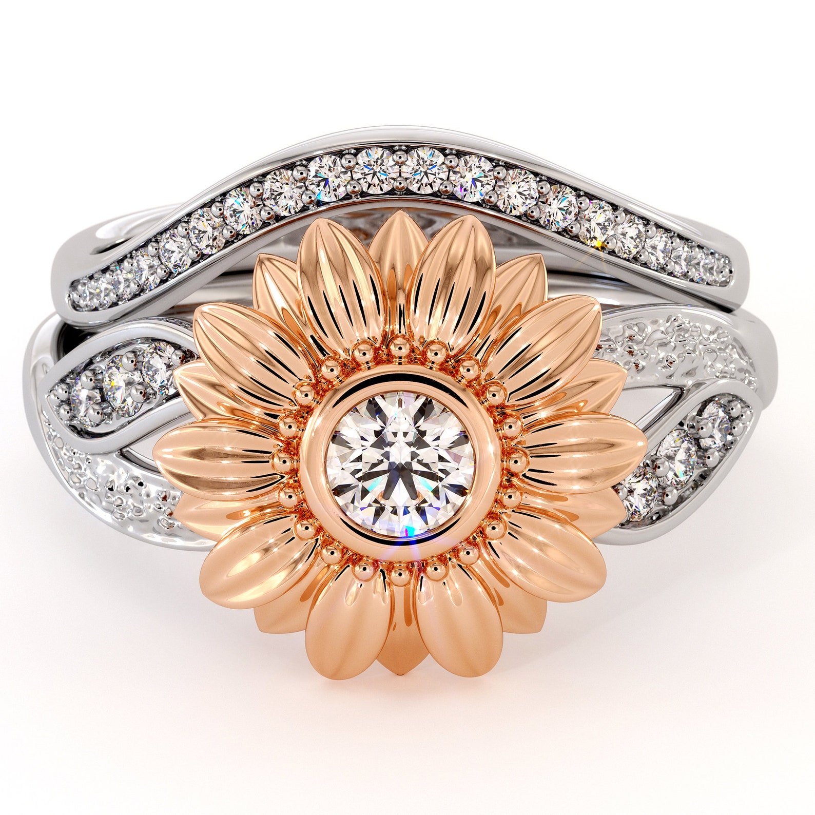 Sunflower Engagement Ring Set Diamond Engagement Ring Rose & Etsy