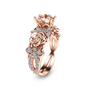 Classic Golden Roses Engagement Ring Elegant 14K Rose Gold Morganite Ring